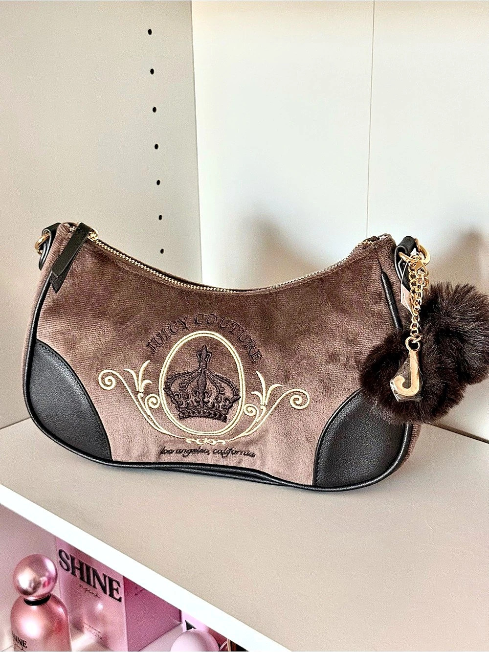 Juicy Couture Velour Crown Crest Shoulder Bag Brown & Black
